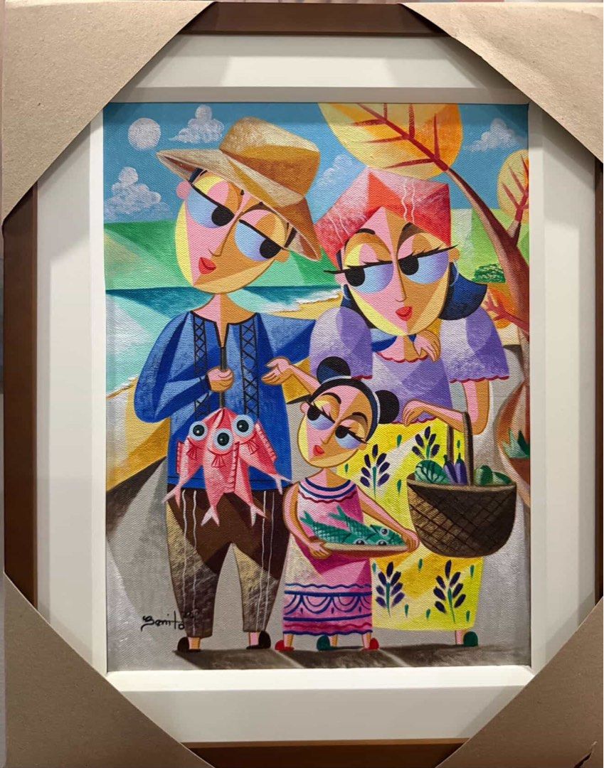 Homebound Plenty by Jovan Benito (Category: Art & Prints) located in Taguig. Submitted by muntingkahon (Listing ID 1442412854, Image 1). Description: - Vibrant framed painting by renowned artist Benito. - Depicts a heartwarming scene of a Filipino family blessed with abundance - Unique cubist-inspired style with striking, bold colors. - Comes ready to hang, instantly adding character to your space. - An excellent addition for art collectors and e