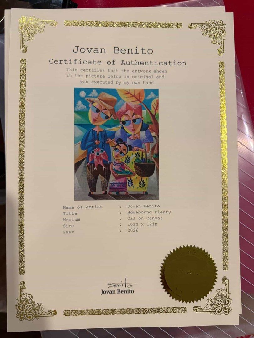 Homebound Plenty by Jovan Benito (Category: Art & Prints) located in Taguig. Submitted by muntingkahon (Listing ID 1442412854, Image 2). Description: - Vibrant framed painting by renowned artist Benito. - Depicts a heartwarming scene of a Filipino family blessed with abundance - Unique cubist-inspired style with striking, bold colors. - Comes ready to hang, instantly adding character to your space. - An excellent addition for art collectors and e