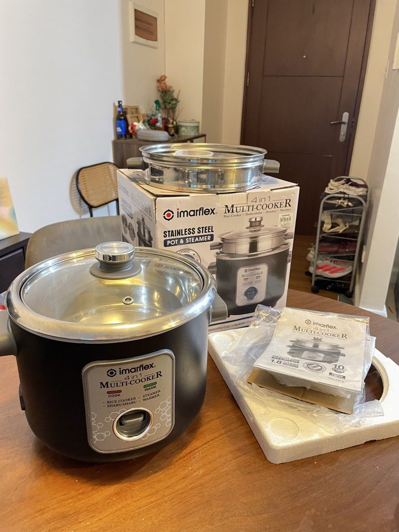 Imarflex 4-in-1 Multi-Cooker IRC-18LS (Category: Cookers) located in Manila. Submitted by declutter.ica (Listing ID 1442453463, Image 2). Description: Imarflex 4-in-1 multi-cooker. Functions as a: 1. Rice cooker 2. Shabu-shabu pot 3. Steamer 4. Warmer. Complete Inclusions: - Stainless steel pot and steamer. 1.8 liters capacity, 10 cups. 700W power. - Tempered glass lid - Measuring cup - Spatula - Comes in original box Rfs: too big for the househo