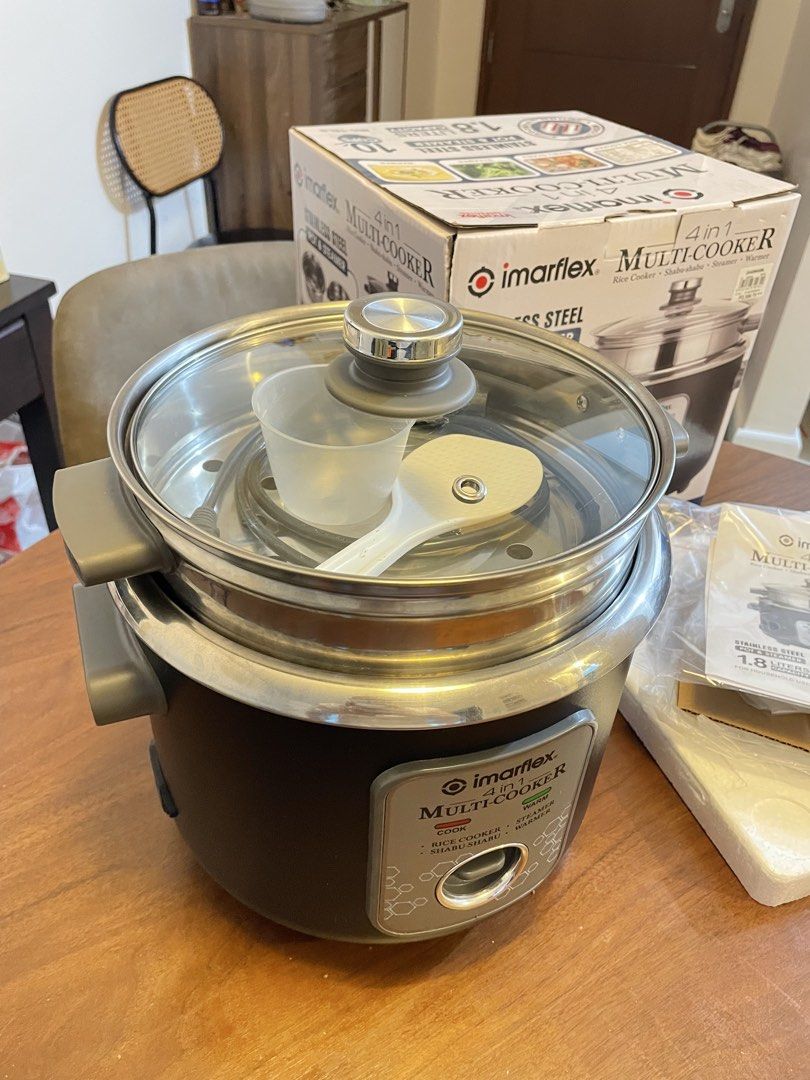 Imarflex 4-in-1 Multi-Cooker IRC-18LS (Category: Cookers) located in Manila. Submitted by declutter.ica (Listing ID 1442453463, Image 1). Description: Imarflex 4-in-1 multi-cooker. Functions as a: 1. Rice cooker 2. Shabu-shabu pot 3. Steamer 4. Warmer. Complete Inclusions: - Stainless steel pot and steamer. 1.8 liters capacity, 10 cups. 700W power. - Tempered glass lid - Measuring cup - Spatula - Comes in original box Rfs: too big for the househo