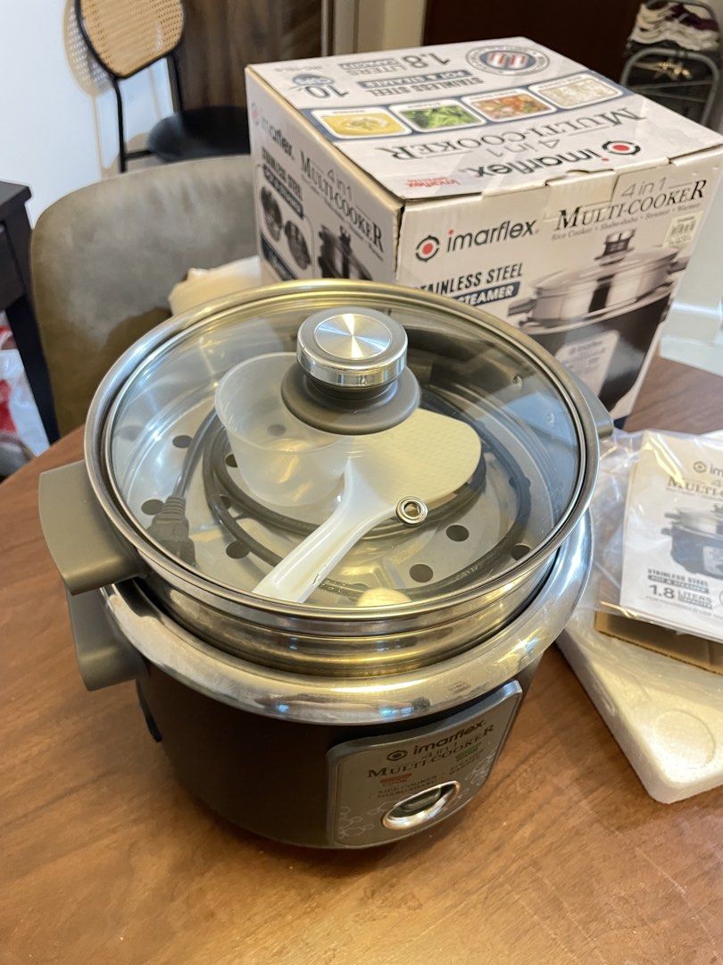 Imarflex 4-in-1 Multi-Cooker IRC-18LS (Category: Cookers) located in Manila. Submitted by declutter.ica (Listing ID 1442453463, Image 3). Description: Imarflex 4-in-1 multi-cooker. Functions as a: 1. Rice cooker 2. Shabu-shabu pot 3. Steamer 4. Warmer. Complete Inclusions: - Stainless steel pot and steamer. 1.8 liters capacity, 10 cups. 700W power. - Tempered glass lid - Measuring cup - Spatula - Comes in original box Rfs: too big for the househo