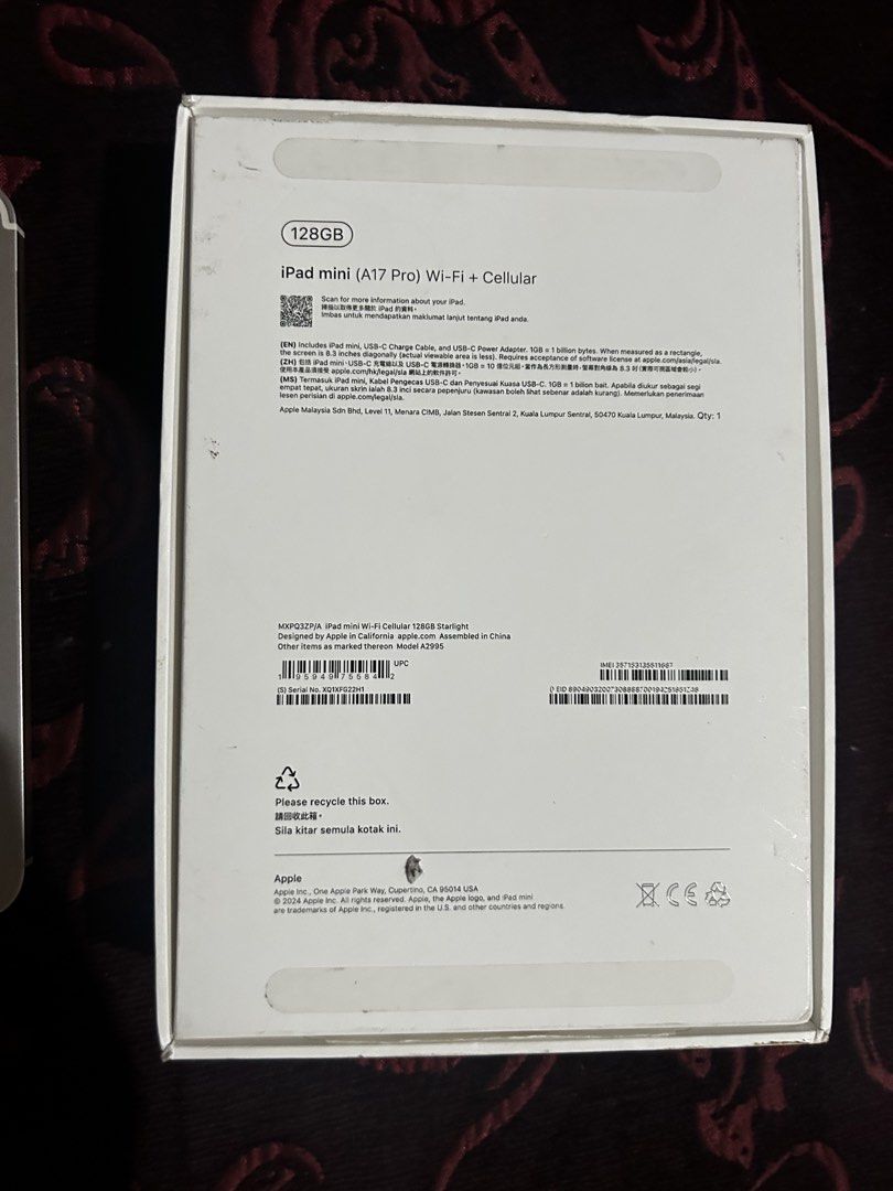 iPad mini (A17 pro) wifi+cellular (Category: iPad) located in San Pablo. Submitted by jamaicasamson002 (Listing ID 1442470145, Image 3). Description: - iPad A17 Pro Mini - WiFi + Cellular - 128GB Storage - no issue - 89% BH - ginamit lang pang netflix.
