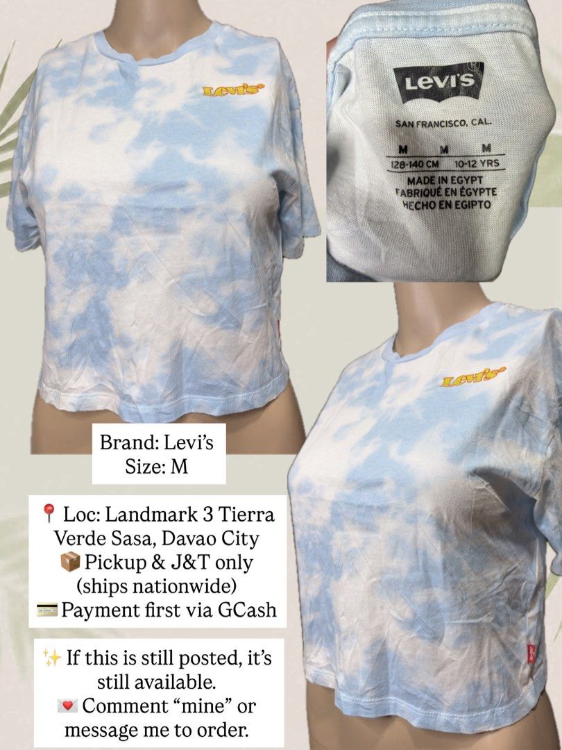 Levi's Tie-Dye T-shirt Size M (Category: Shirts) located in Davao. Submitted by elizzadiac (Listing ID 1442475663, Image 1). Description: - Cute Levi's tie-dye t-shirt - Color: Blue and White - Size: Medium (M) - Origin: Made in Egypt - Perfect for casual wear - Pickup available: Landmark 3 Tierra Verde Sasa, Davao City - Nationwide shipping via J&T Express - Payment: GCash first - Message for inquiries or to purchase!.