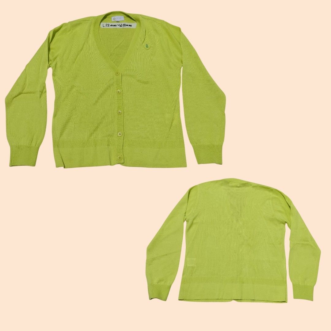 LOTTE Lime Green V-Neck Button-Up Cardigan (Category: Coats, Jackets and Outerwear) located in Manila. Submitted by kyabhe (Listing ID 1442519054, Image 1). Description: LENGTH- 22 INCHES WIDTH - 19 INCHES - Vibrant lime green cardigan - Classic V-neck design - Easy button-up front - Long sleeves with comfortable ribbed cuffs - Matching ribbed hem for a snug fit - Subtle embroidered logo on the chest - Ideal layering piece for any season or outfi