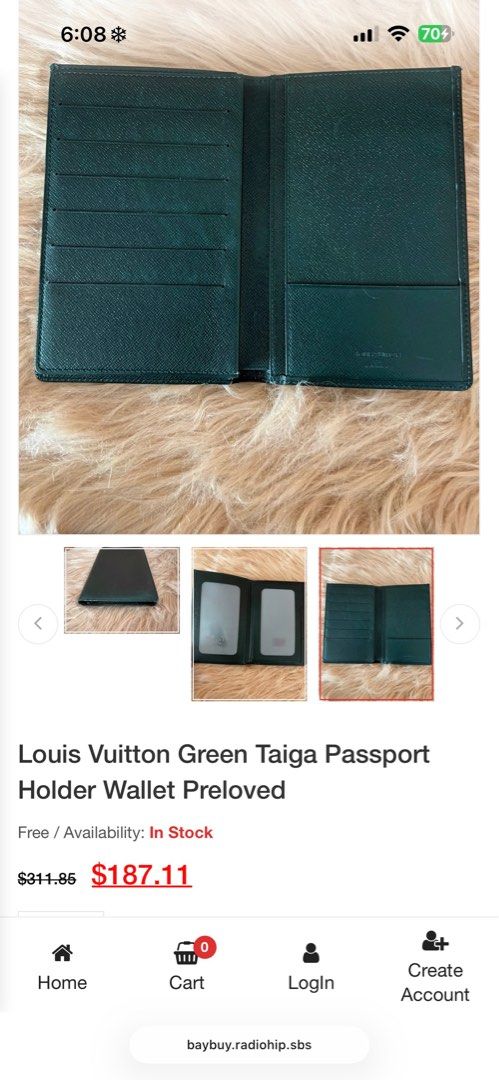 Lv Passport Wallet (Category: Luxury Bags & Wallets) located in Calamba. Submitted by jkafrica10 (Listing ID 1442531727, Image 1). Description: Lv Taiga Green Passport Wallet with Box - Passport Holder - Card organizer - Paper Bills Slot - Rfid Slot.