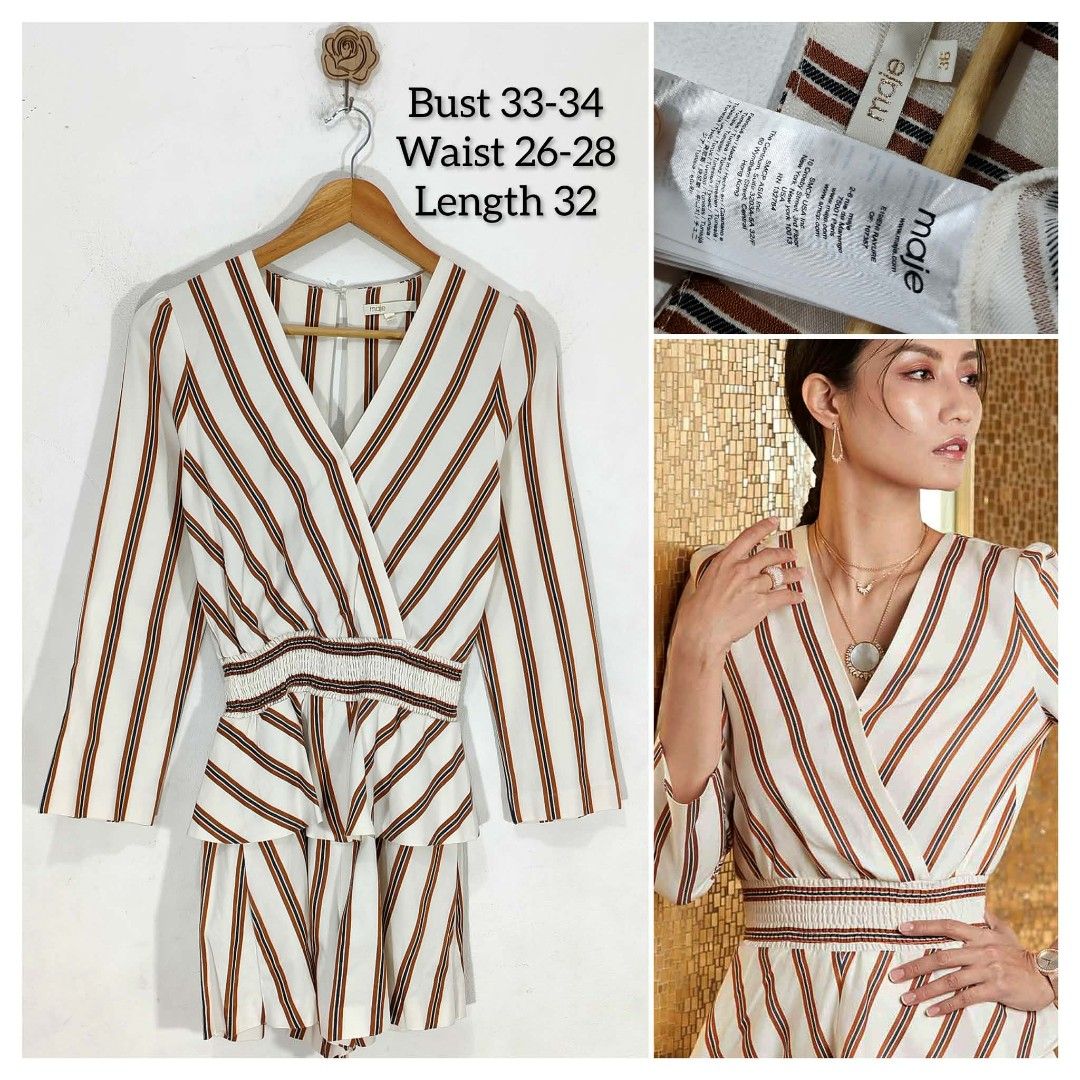 Maje Striped Wrap Romper linen (Category: Rompers) located in Marikina City. Submitted by Essential.Gallery_ (Listing ID 1442491578, Image 1). Description: - Cute Maje romper - White and brown stripe pattern - Wrap front design - Smocked waist for a comfortable fit - Length: 32 inches - Bust: 33-34 inches - Waist: 26-28 inches - Ideal for casual outings.