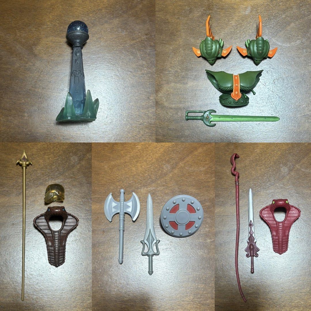 MOTU Weapons & Accessories (Category: Action & Battle Toys) located in Muntinlupa City. Submitted by toychestmnl (Listing ID 1438685195, Image 1). Description: • Orb of Grayskull & Pedestal - P3,000 • Triclops Set (jammed peg) - P1,800 • Goddess Set - P1,800 • He-Man Set - P2,000 • Snake Armor Set - P1,800.