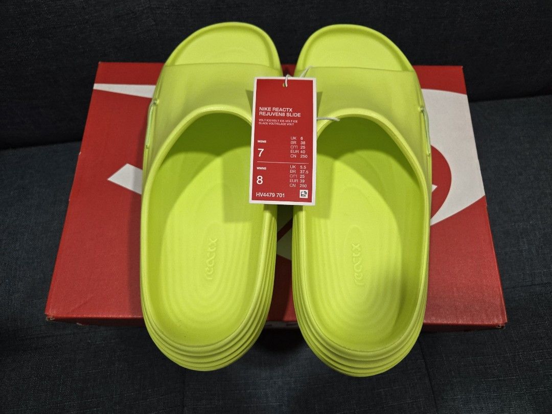 Nike Reactx Rejuven8 Slide Mens 8 (Category: Slippers & Slides) located in Quezon City. Submitted by bossjec (Listing ID 1437242940, Image 3). Description: Forsale Brandnew 100% Original from Nike SELLING FOR ONLY 2,000 pesos FIRM Cubao QC meet ups * MENS 8 * WOMENS 9 - Nike Reactx Rejuven8 Slide sandals - Bright neon VOLT - Features Nike swoosh logo - Comes with original box.