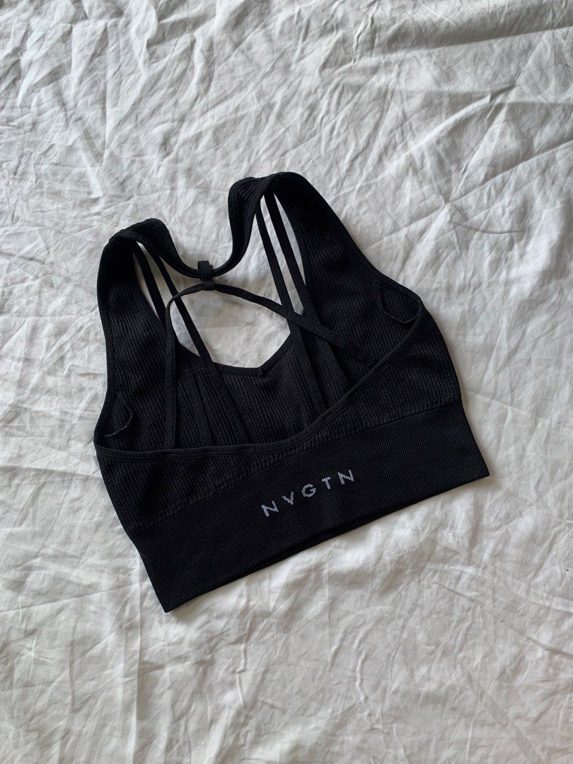 NVGTN Black Galaxy Ribbed Seamless Bra (Category: Activewear) located in Taguig. Submitted by prelovedbynette (Listing ID 1442386038, Image 1). Description: Fits XS-S 11.5x11 inches including the straps Stretchable No padding but it has slots for padding .