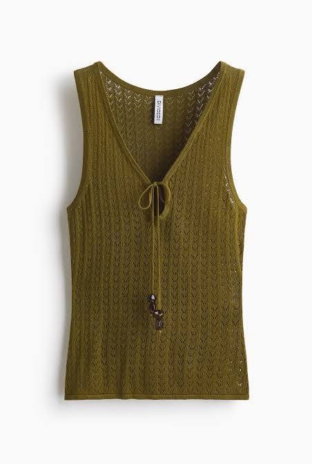 Olive Green Top (Category: Sleeveless) located in Manila. Submitted by paperthread (Listing ID 1442444619, Image 1). Description: - Olive green knit tank top from Divided - Features a tie-front detail with beaded ends - Subtle diamond knit pattern - Sleeveless design with a V-neck - Versatile piece, pairs well with high-waisted bottoms - true to its size.