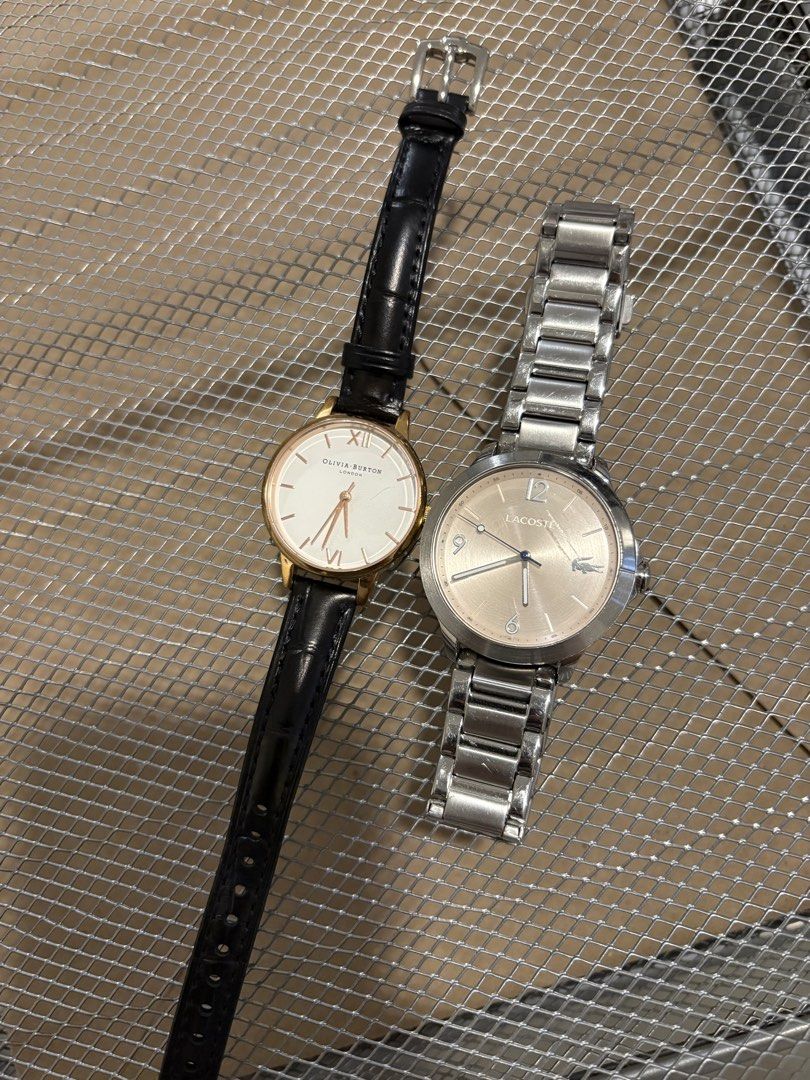 TAKE ALL 2 Olivia Burton & Lacoste Watches Bundle (Category: Women's Watches) located in Cabuyao City. Submitted by cassxx (Listing ID 1442443590, Image 1). Description: Take All 2 - Olivia Burton London Watch: White face, black leather strap, rose gold casing. - Lacoste Watch: Champagne face, stainless steel strap. - Perfect for adding a touch of elegance to any outfit..