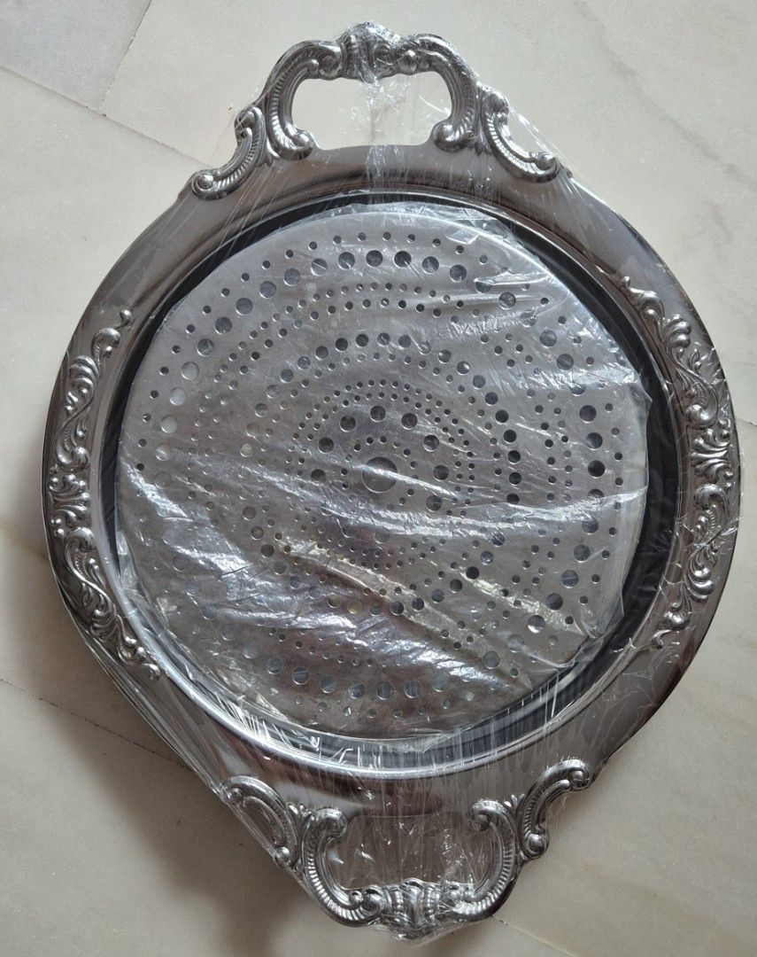 Ornate Silver Serving Tray with Handles475833086729922561