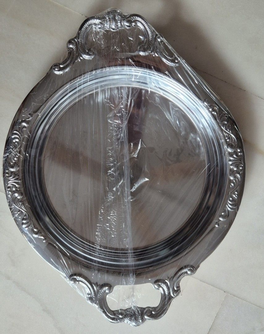 Ornate Silver Serving Tray with Handles475833086729922560