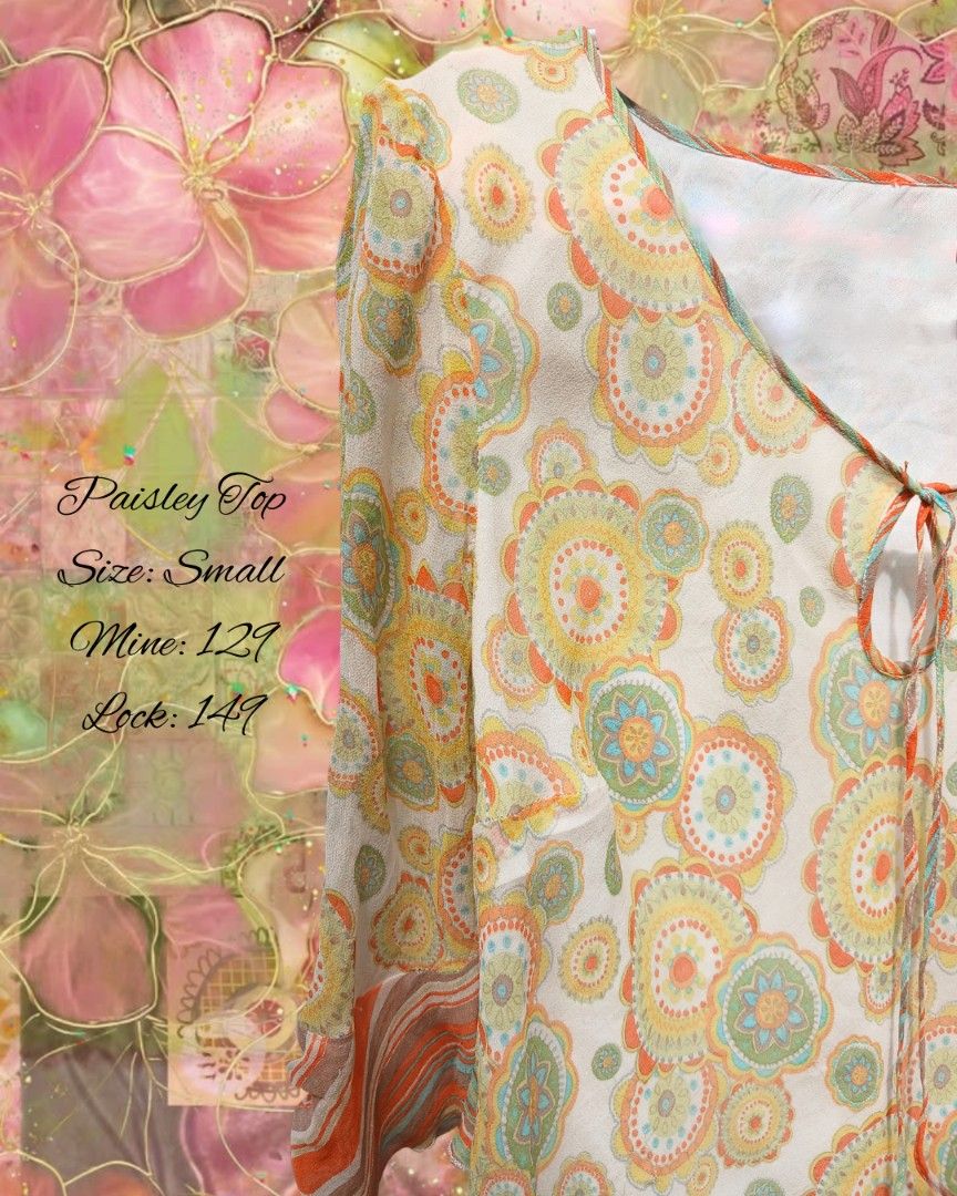Paisley Print Tie-Neck Blouse (Category: Blouses) located in Antipolo. Submitted by mochisky (Listing ID 1442453826, Image 2). Description: - Lightweight and sheer fabric - Fun paisley print - Elegant tie-neck detail - 3/4 sleeves with flared cuffs - Versatile for layering or wearing solo - Easy to dress up or down.