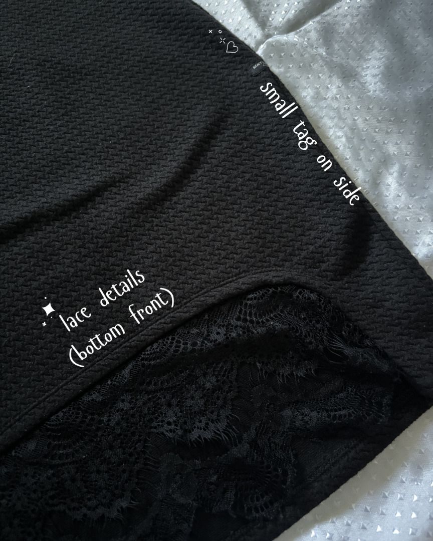 pre loved - black lace dress (Category: Dresses) located in Binangonan. Submitted by rheibns (Listing ID 1442390813, Image 2). Description: please read before buying! item: black lace dress description: lace details on front and back of the dress (see pictures), sleeveless, knee length size: m on tag brand: material girl condition: good, used once location: binangonan rizal mode of payment: gcash only (payment first), PAYO (pay as you order) mode
