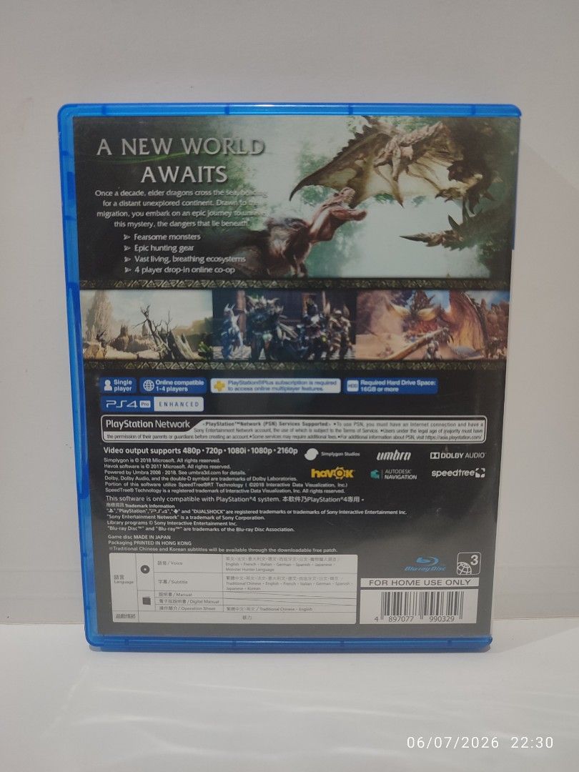 PS4 - Monster Hunter World (PRE-LOVED) "R3" (Category: PlayStation) located in Mendez-Nunez. Submitted by sf2_gameshop (Listing ID 1442503766, Image 3). Description: PLEASE READ CONDITION: A pre-owned item. Installed and tested working. The voucher code is untested if still unused. GENRE: Action-role playing MODE: Single-player, multiplayer REGION: 3 - Asia VOICE: English TEXT: English Feel free to chat for any inquiries and you may check my shop