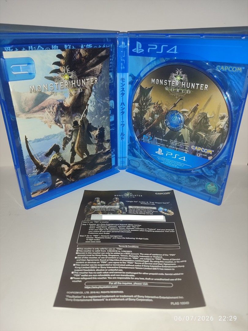 PS4 - Monster Hunter World (PRE-LOVED) "R3" (Category: PlayStation) located in Mendez-Nunez. Submitted by sf2_gameshop (Listing ID 1442503766, Image 2). Description: PLEASE READ CONDITION: A pre-owned item. Installed and tested working. The voucher code is untested if still unused. GENRE: Action-role playing MODE: Single-player, multiplayer REGION: 3 - Asia VOICE: English TEXT: English Feel free to chat for any inquiries and you may check my shop