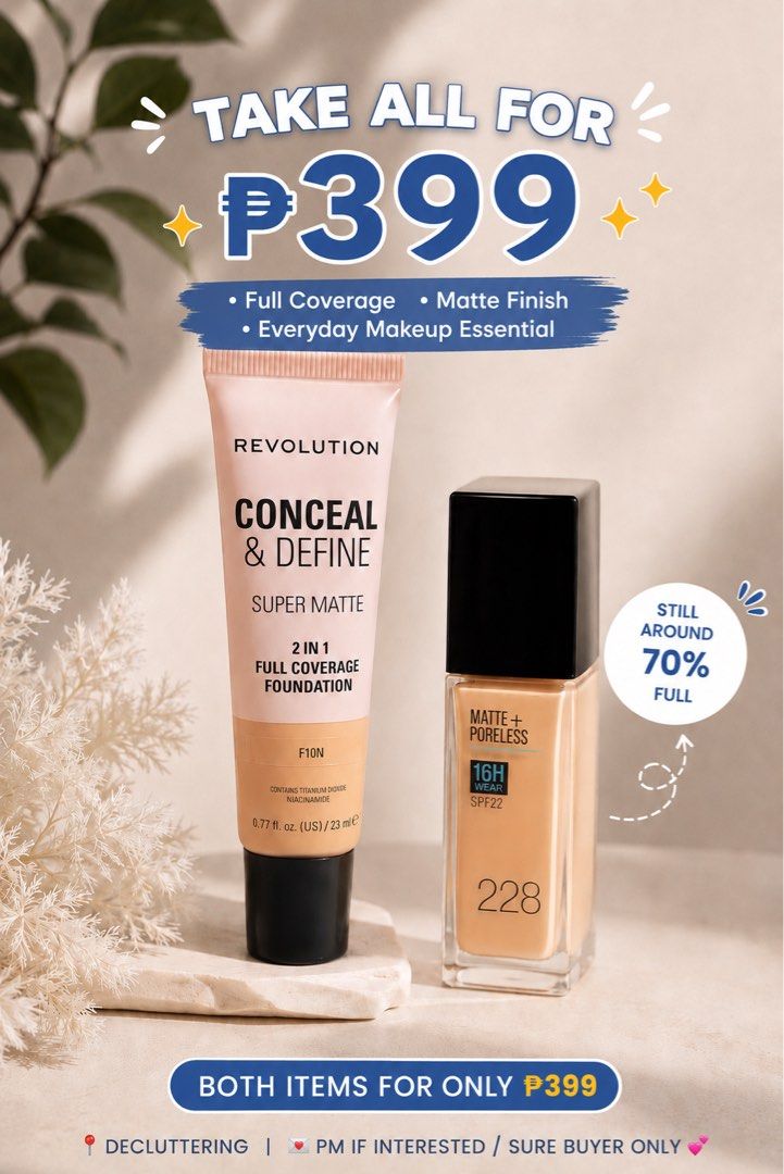 Revolution Conceal & Define + Matte + Poreless Foundation Bundle (Category: Makeup) located in Taguig. Submitted by jejels (Listing ID 1442359150, Image 1). Description: - Bundle includes 2 matte finish foundations: Revolution Conceal & Define Super Matte and Maybelline Matte + Poreless. - Revolution foundation offers full coverage and a super matte finish, ideal for daily use. - Maybelline foundation has approximately 70% product remaining. - Gr