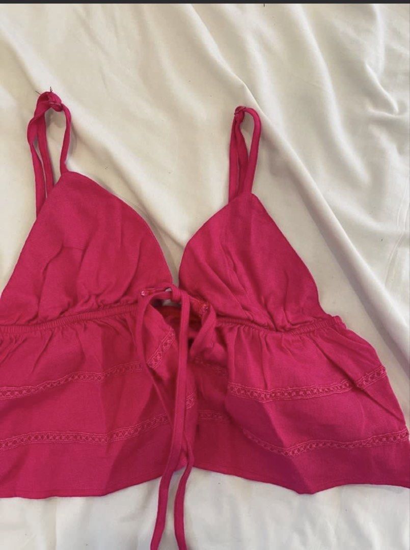 Shein Hot Pink Linen Beach Top (Category: Sleeveless) located in Manila. Submitted by cheapthriftsmnl (Listing ID 1442380698, Image 2). Description: - Never used - Self tie in front - RFS: too small for me .