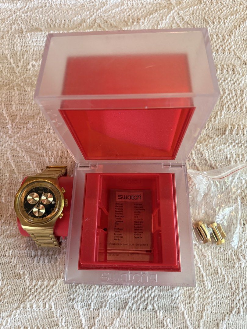 Swatch Irony Chronograph Gold Watch (Category: Men's Watches) located in Paranaque City. Submitted by izdeclutters (Listing ID 1442345874, Image 3). Description: - Gold Swatch Irony Chronograph watch Golden Block (YOG403G) model - Water-resistant - Features four jewels - Comes with original box - Needs new battery With original box With extra links .