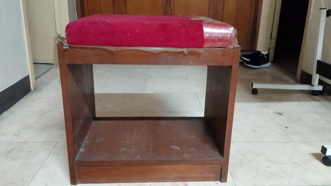Wooden Stool with Red Padded Seat (Category: Chairs) located in Paranaque City. Submitted by gracejimen21301 (Listing ID 1442409344, Image 2). Description: - wooden tool - padded seat - linis lang sapat na - barnis din kailangan - need .