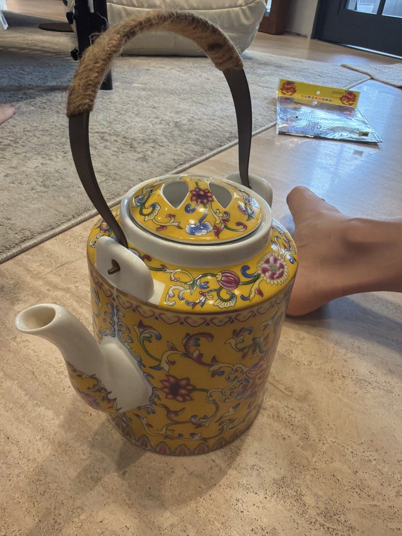 Yellow Floral Ceramic Teapot with Rope Handle and two cups