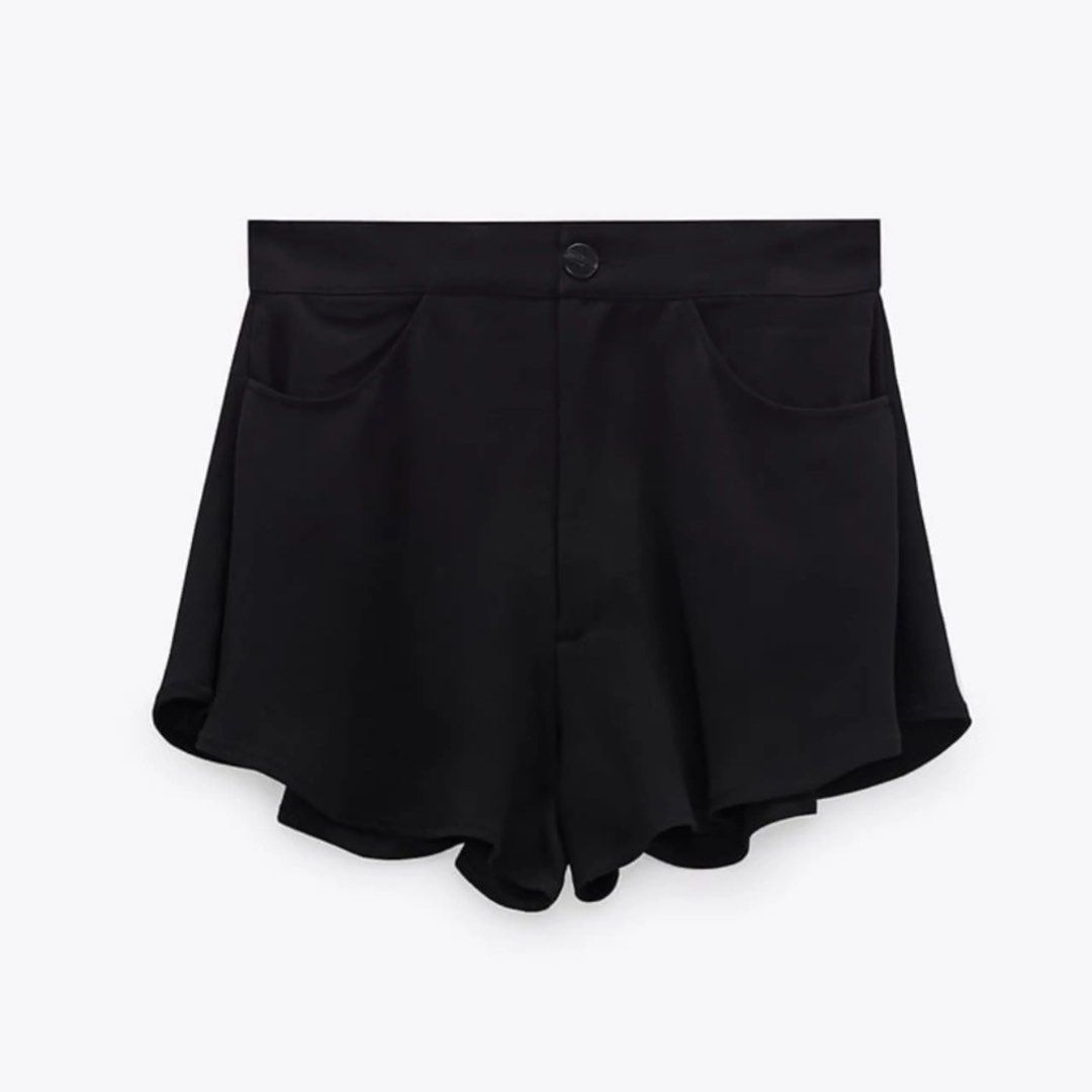 ZARA Black High Waisted Flared Shorts (Category: Shorts) located in Bacolod City. Submitted by pym_shops (Listing ID 1442456364, Image 1). Description: - Zara Black Shorts - High-waisted style - Flared hem - Button and zip closure - Two front pockets - Made in Morocco - Size: XS.
