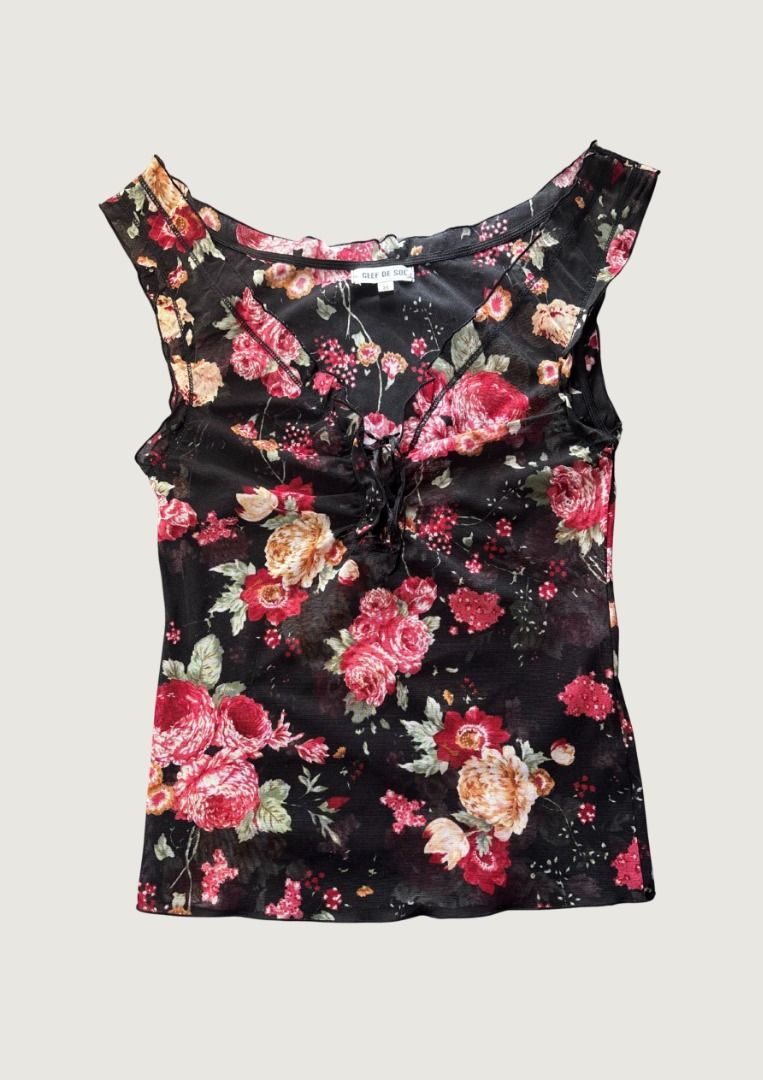 2000s Floral Mesh Top (Category: Sleeveless) located in Pasay City. Submitted by letherdeclutter (Listing ID 1442624710, Image 2). Description: Perfect for date nights ! Size: Medium to Large Length: 23 Bust: up to 40 Armhole: 9 Waist: 28 to 36 .