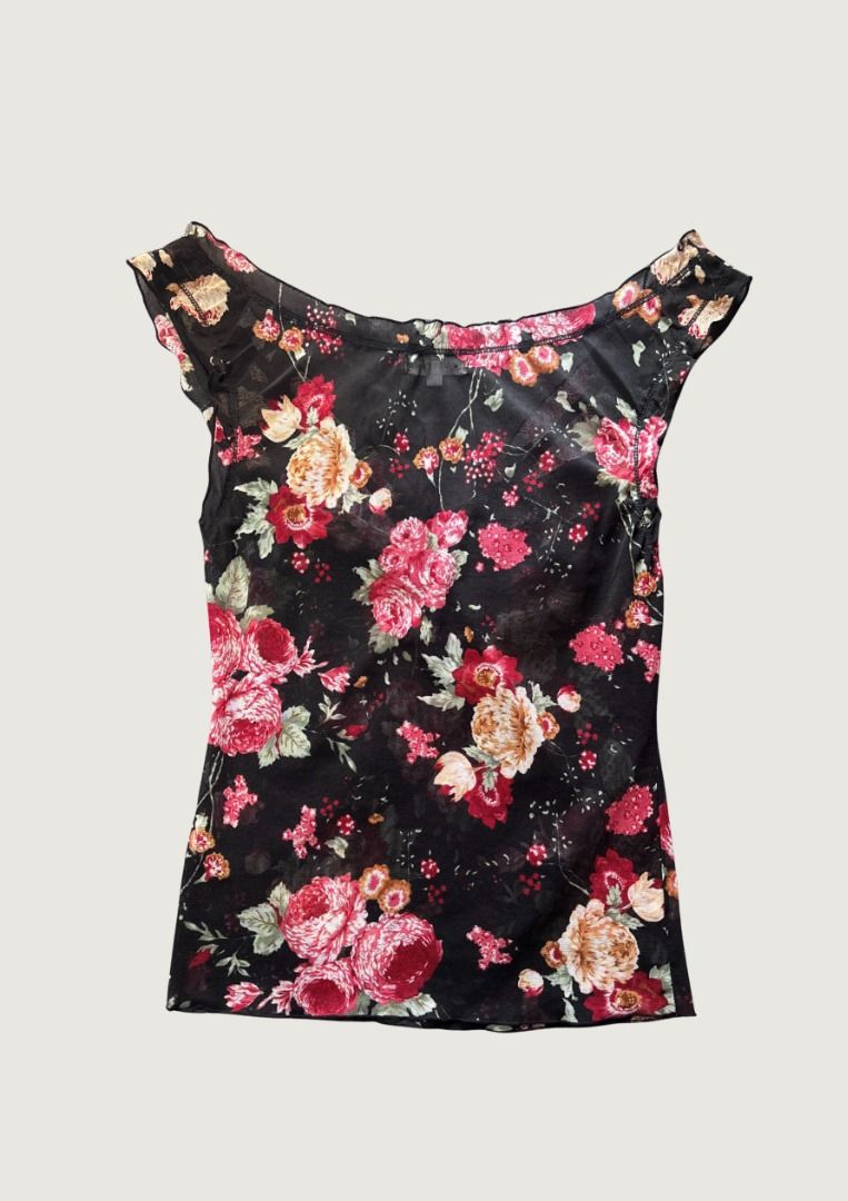 2000s Floral Mesh Top (Category: Sleeveless) located in Pasay City. Submitted by letherdeclutter (Listing ID 1442624710, Image 3). Description: Perfect for date nights ! Size: Medium to Large Length: 23 Bust: up to 40 Armhole: 9 Waist: 28 to 36 .