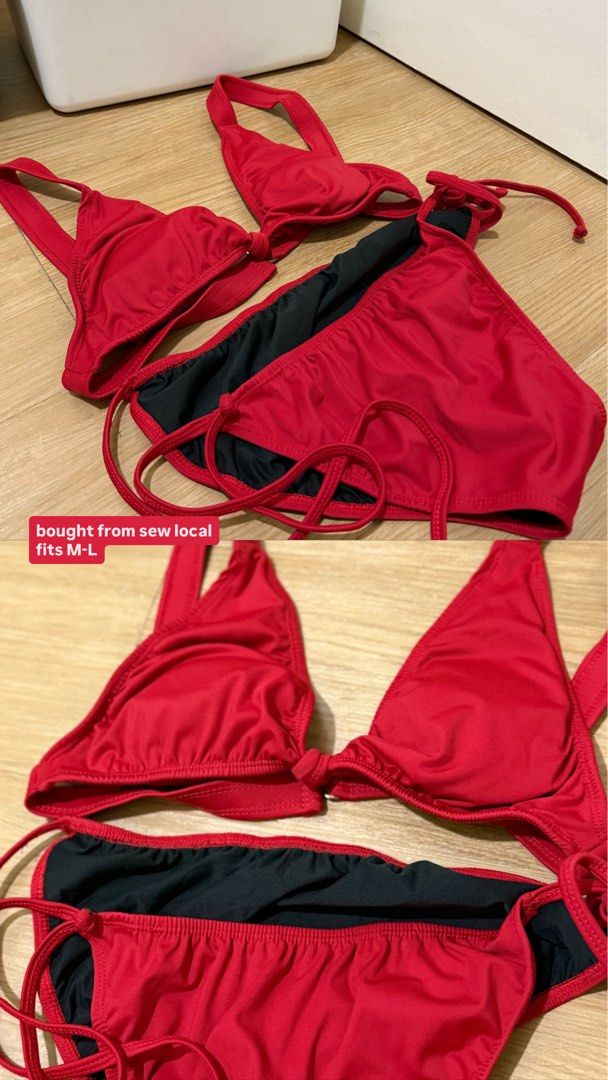 3 Bikini Sets Medium to Large - TAKE ALL (Category: Bikinis & Swimsuits) located in Paranaque City. Submitted by jamgg (Listing ID 1442679978, Image 2). Description: PLEASE READ ❣️Price is negotiable if take all, but 400 per set if individual purchase. ♥️ Red bikini: Sew Local, fits M-L 🖤 Black bikini: Asymmetrical top with wrap skirt, fits M-XL (most used) 🤍 Cream bikini: Textured set, fits M (waist 28-29), Cup size B. RFS: Does not fit anymor