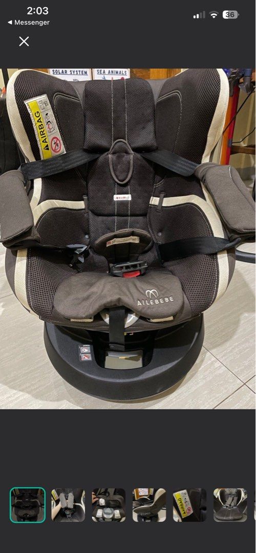 Car Seat with Swivel Function (Category: Car Seats) located in Manila. Submitted by brahma806 (Listing ID 1442592013, Image 2). Description: - Ailebebe car seat with convenient swivel function for easy access. - Equipped with a secure 5-point harness system. - Includes headrest and side impact protection for enhanced safety. - All original safety labels are clearly visible on the unit. - Ensures your little one is kept safe and secure during ever