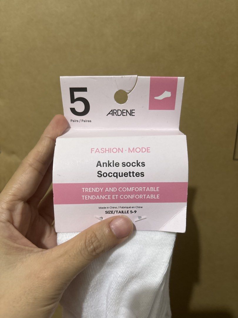 Ardene 5 Pairs White Ankle Socks Size 5-9 (Category: Babies & Kids Fashion) located in Quezon City. Submitted by GlamourD (Listing ID 1442623204, Image 2). Description: - Brand: Ardene - Quantity: 5 pairs - Color: White - Style: Ankle socks - Size: 5-9 - Kids - Adult - Features: Trendy and comfortable - Ideal for: Everyday wear.