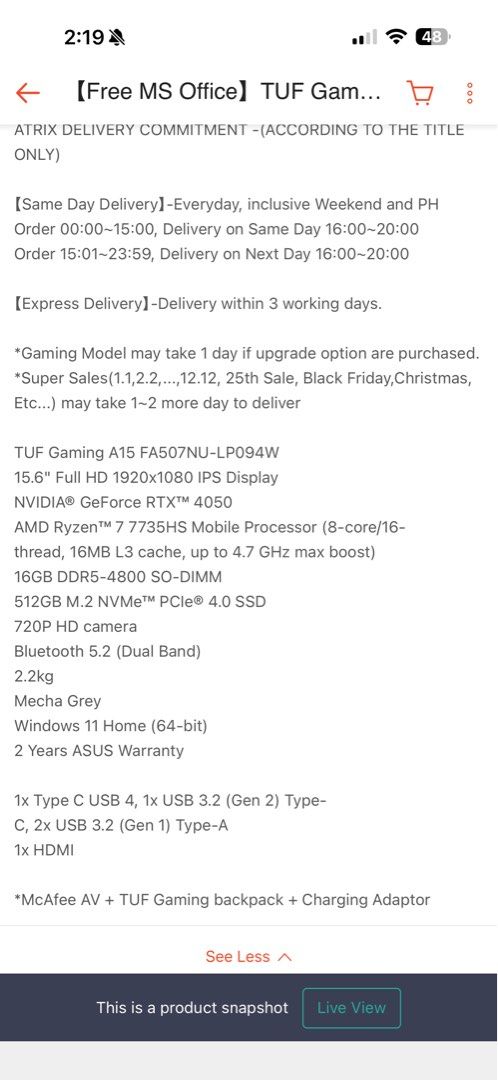 ASUS TUF Gaming A15 Laptop476480545164503042