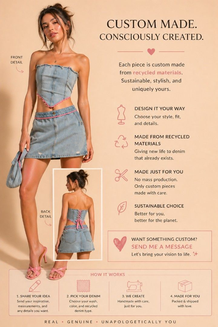 Authentic State Custom Made Denim Corset Top & Skirt Set (Category: Sets or Coordinates) located in Dapa. Submitted by gummybear032693 (Listing ID 1442594276, Image 1). Description: - Custom-made denim set from recycled materials - Corset top with pink lace-up back detail - Matching mini skirt with distressed hem - Includes a small denim pouch - Sustainable and stylish fashion - Each piece is made uniquely for you - Message us to design your own 