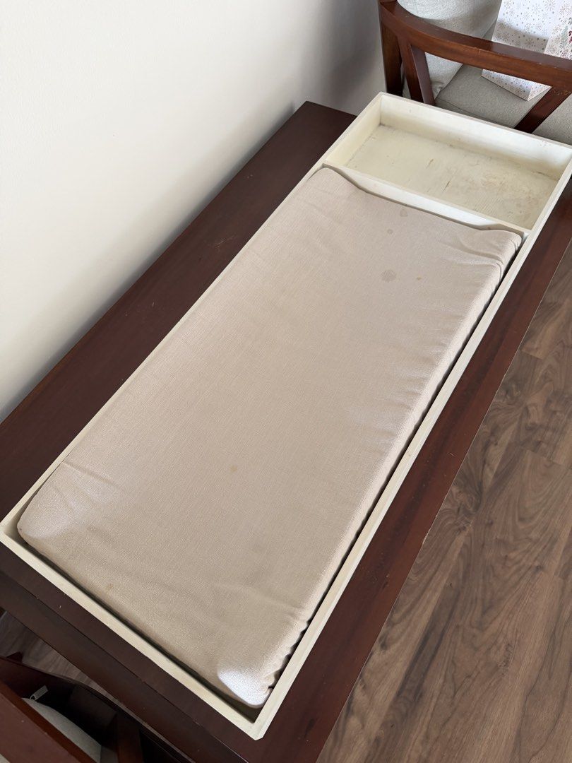 Baby Changing Pad Tray with Storage Compartment (Category: Changing Mats & Accessories) located in Caloocan City. Submitted by andreayap35789 (Listing ID 1442584665, Image 1). Description: - Cream wooden changing pad tray with cushioned changing pad. - Minor marks present on pad and inside tray. - Perfect for organizing baby essentials during diaper changes. - Designed to fit most standard changing pads..