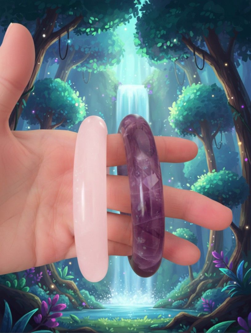 Bangle (Category: Bracelets) located in Singapore. Submitted by idealdesigns (Listing ID 1442574530, Image 3). Description: Beautiful crystal stone bangles - soft pink (rose quartz?) and deep purple (amethyst?). Smooth, polished. Stackable or single wear. Adds color. Great gift! size 9 in only at sengkang LRT rumbia & only cash Payment. .