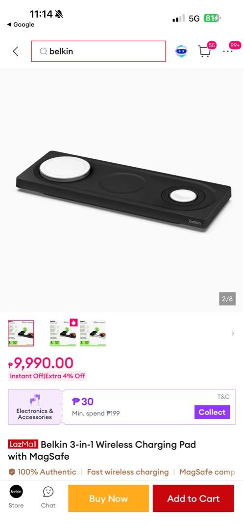 Belkin 3-in-1 Wireless Charging Pad with MagSafe (Category: Chargers & Cables) located in Manila. Submitted by nsanjoseeee (Listing ID 1442712855, Image 3). Description: - Belkin 3-in-1 Wireless Charging Pad - Color: Black - Charges iPhone, Apple Watch, and AirPods simultaneously - Features MagSafe for secure iPhone charging - Power adapter included - Perfect for a tidy desk or nightstand.