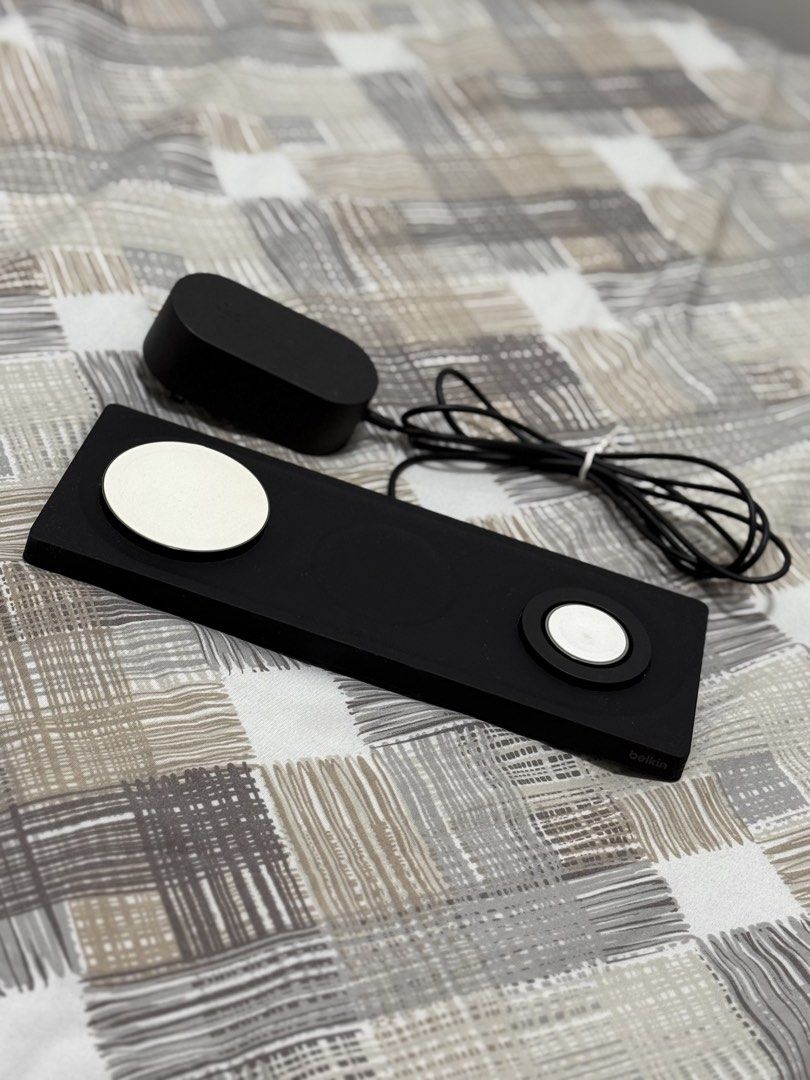 Belkin 3-in-1 Wireless Charging Pad with MagSafe (Category: Chargers & Cables) located in Manila. Submitted by nsanjoseeee (Listing ID 1442712855, Image 1). Description: - Belkin 3-in-1 Wireless Charging Pad - Color: Black - Charges iPhone, Apple Watch, and AirPods simultaneously - Features MagSafe for secure iPhone charging - Power adapter included - Perfect for a tidy desk or nightstand.