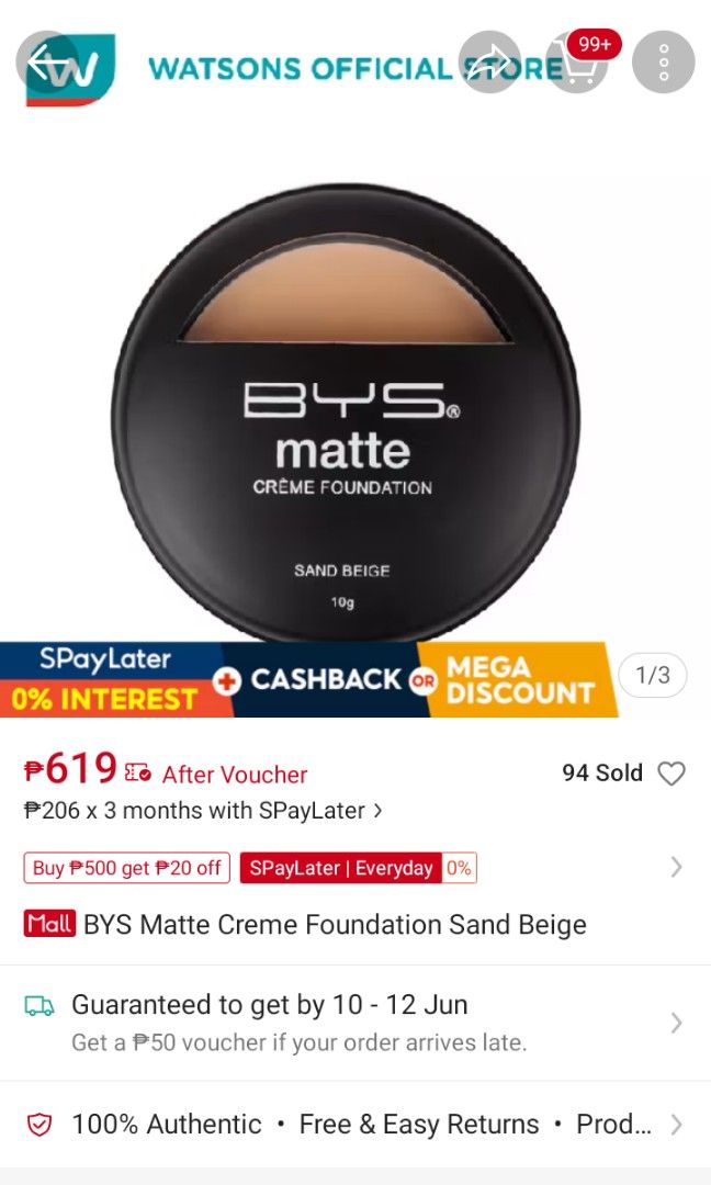BYS matte creme foundation (Category: Makeup) located in Bulacan. Submitted by lizwardr0be (Listing ID 1442591707, Image 3). Description: • in the shade sand beige •bought this at watsons physical store for 700+ pesos RFS: not my shade match -I only used this 1 time -payment first - unli vouch MOP- gcash MOD- Jnt / lalamove.