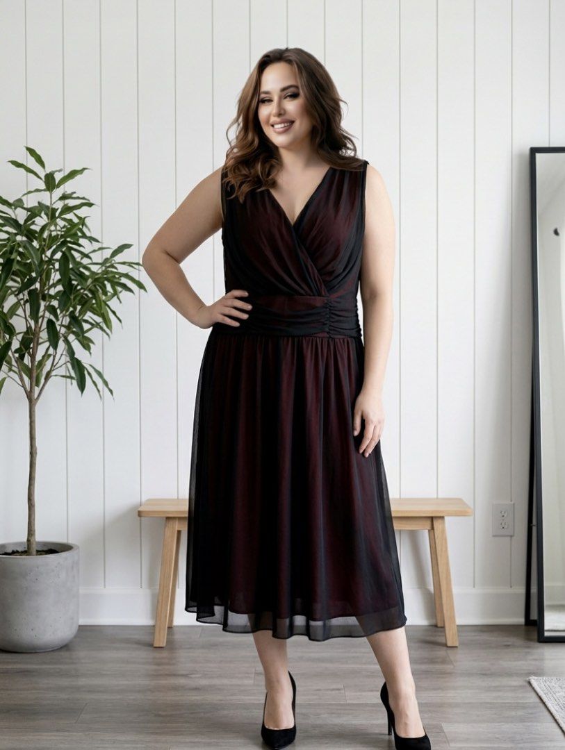 CA Cocktail party Dress (Category: Dresses) located in Binan City. Submitted by myutopia28 (Listing ID 1442617561, Image 1). Description: Connected Apparel cocktail party dress featuring a signature sheer black chiffon overlay. Connected ApparelDesign Features:Vibrant dark red/burgundy interior lining.Sheer black mesh/chiffon outer overlay creating an elegant multi-tone ombre effect.Deep overlapping V-neckline bodice. Highly flattering, gathered/