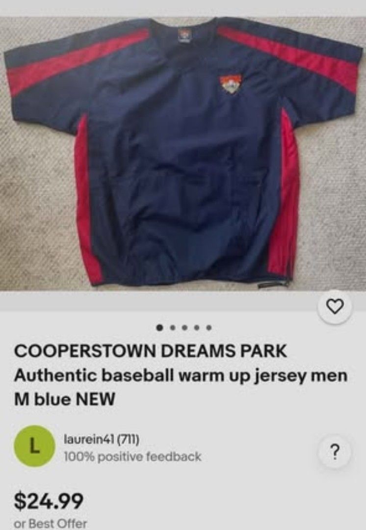 Jersey Cooperstown Dreams Park Authentic Baseball Warm-Up (Category: Activewear) located in Caloocan City. Submitted by da_decluttering_thrifty (Listing ID 1442729523, Image 3). Description: - Navy blue and red short-sleeve warm-up jersey - Features embroidered Cooperstown Dreams Park logo on chest - Elasticated hem for a comfortable fit - Perfect for baseball fans and players - Great for cooler weather or layering.
