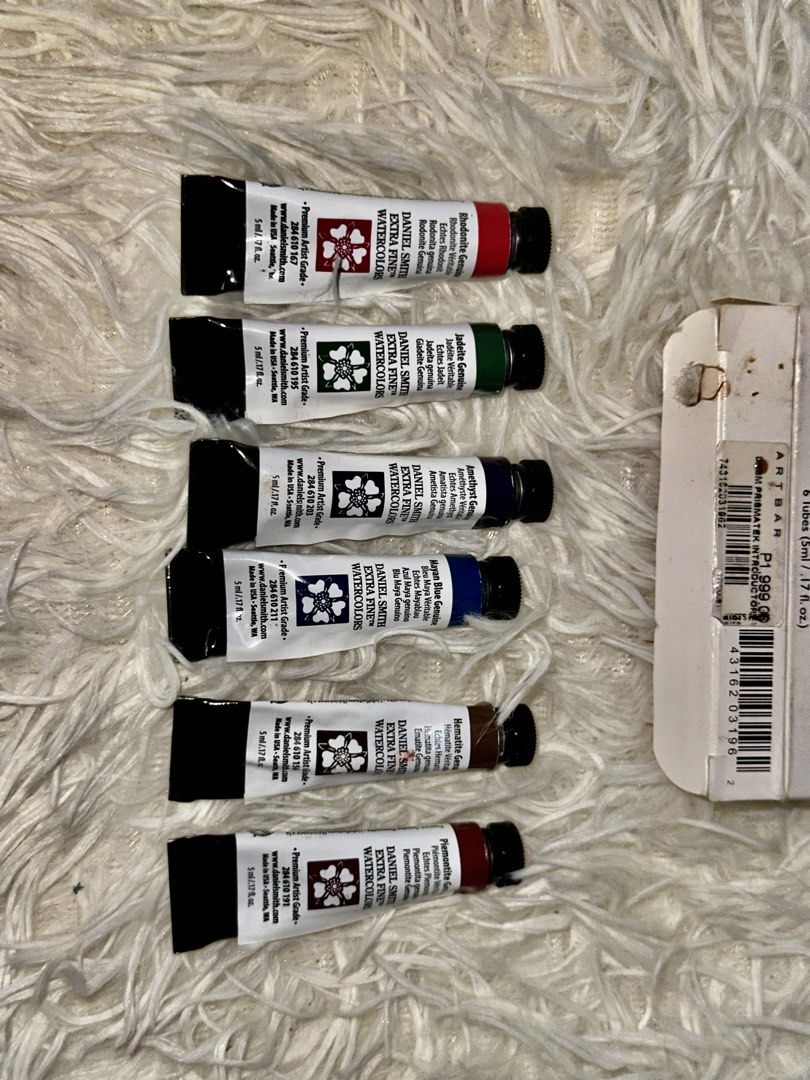 Daniel Smith Watercolor Primatek Set 6 Tubes (Category: Craft Supplies & Tools) located in Manila. Submitted by qt_patootie (Listing ID 1442580296, Image 3). Description: only squeezed out 1-1.5 ml each tube - Brand: Daniel Smith Watercolor - Line: Primatek Set - Quantity: 6 tubes - Size: 5ml per tube - Colors Included: Rhodonite Genuine, Jadeite Genuine, Amethyst Genuine, Mayan Blue Genuine, Plerimontite Genuine, Quinacridone Gold - Ideal for: A