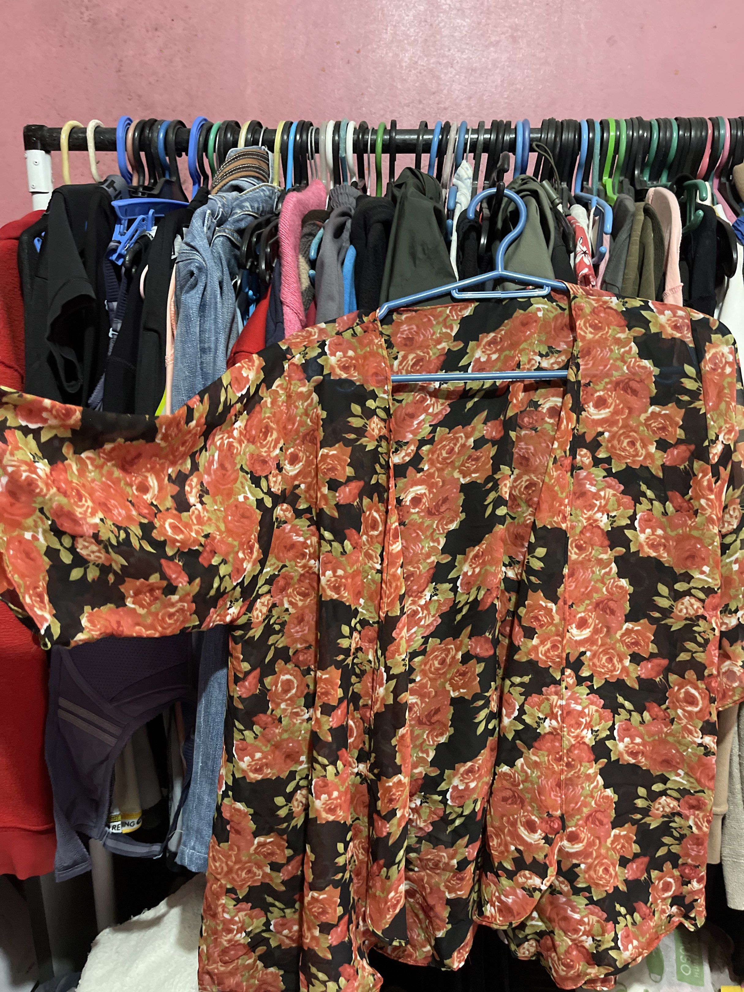 Floral Kimono Cardigan (Category: Coats, Jackets and Outerwear) located in Quezon City. Submitted by rish40 (Listing ID 1442640647, Image 3). Description: - Lightweight black kimono - Bold red and green floral print - Short sleeves - Open front design - Ideal for layering over tops or dresses - Adds a pop of color and style.