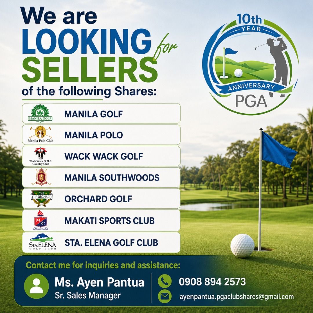 GOLF CLUB SHARE/MEMBERSHIP (Category: Golf) located in Makati City. Submitted by ayenpantua (Listing ID 1442590064, Image 1). Description: SELLING YOUR GOLF CLUB SHARE? Demand for exclusive golf and country club memberships continues to grow, and we are actively looking for sellers of: ✔ Manila Golf Club ✔ Manila Polo Club ✔ Wack Wack Golf & Country Club ✔ Manila Southwoods Golf & Country Club ✔ Orchard Golf & Country Club ✔ Makati Sports Club ✔ 