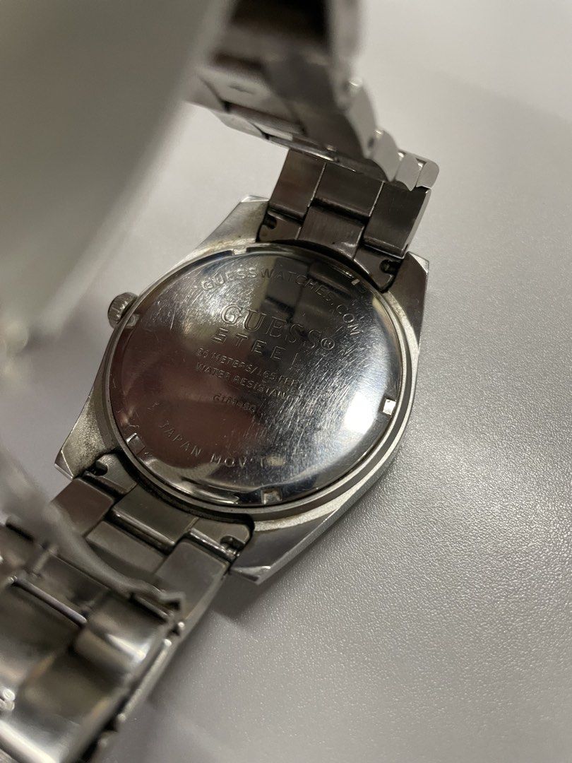 Guess Steel Chronograph Watch Silver Dial (Category: Men's Watches) located in San Fernando. Submitted by migifinds (Listing ID 1442669205, Image 3). Description: - Silver Guess watch with chronograph dial - Stainless steel band and casing - Water resistant up to 50m (165ft) - Reliable Japan movement - Minor scratches on face and band from normal wear - Still looks good and functions perfectly Pm me for more details 📩.