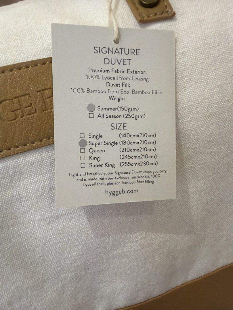 HYGGE B Bamboo Tencel Signature Duvet - Super Single (Category: Bedding & Towels) located in Singapore. Submitted by dontmissmysale (Listing ID 1442654960, Image 2). Description: - HYGGE B Signature Duvet (super single) - Summer version, works for both aircon or fan condition - I do not entertain questions, price is firm and all my items are in good condition. Enquire only if certain, if you want to haggle; please skip this listing. - Placed for 