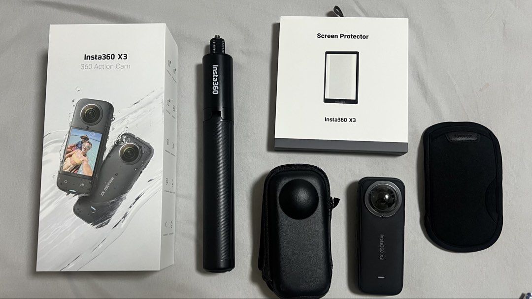 Insta360 X3 Action Camera with Accessories (Category: Cameras) located in Cavite. Submitted by bubfinds (Listing ID 1442687225, Image 1). Description: Inclusions: 💯Original Insta 360 Invisible Stick with Tripod (with box) 💯Original Attached Screen Protector (with box) 💯Attached Lens Guard 💯Original Sandisk Extreme Pro 512gb Memory Card 💯Hard Case 💯Original Insta360 Soft Case 💯Original Box and ALL Inclusions NO ISSUES. (The bubbles on the s