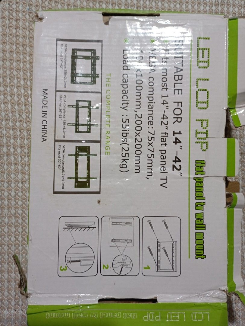 LED LCD PDP Flat Panel TV Wall Mount for 14"-42" Bracket (Category: TV Parts & Accessories) located in Valenzuela. Submitted by shoppedemiel (Listing ID 1442689387, Image 2). Description: - Universal TV Wall Mount - Fits 14 to 42 inch flat panel TVs - VESA compliant up to 200x200mm - Maximum load capacity: 55lbs (25kg) - Easy installation with all screws and wall plugs included.
