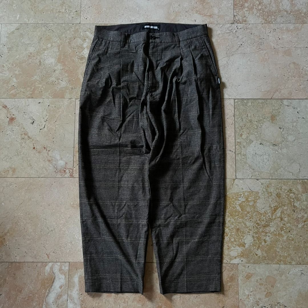 Neighborhood Pleated Checked Trousers (Category: Chinos) located in Quezon. Submitted by _babypluto (Listing ID 1442680880, Image 2). Description: Size on tag: L Flaw: None Dimensions: L: 39 W: 34 FR: 13.5 THI: 15.5 KN: 7.5 IS: 27 LO: 8.5 Note: actual color of the item may change due to lighting..