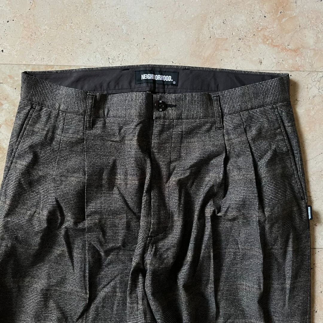 Neighborhood Pleated Checked Trousers (Category: Chinos) located in Quezon. Submitted by _babypluto (Listing ID 1442680880, Image 3). Description: Size on tag: L Flaw: None Dimensions: L: 39 W: 34 FR: 13.5 THI: 15.5 KN: 7.5 IS: 27 LO: 8.5 Note: actual color of the item may change due to lighting..